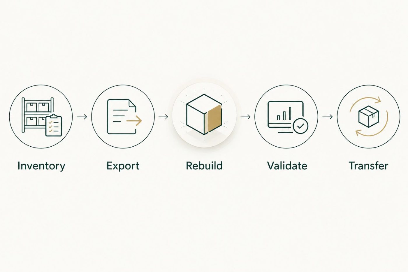 Exit test sequence from inventory and export through rebuilding, validation, and transfer.
