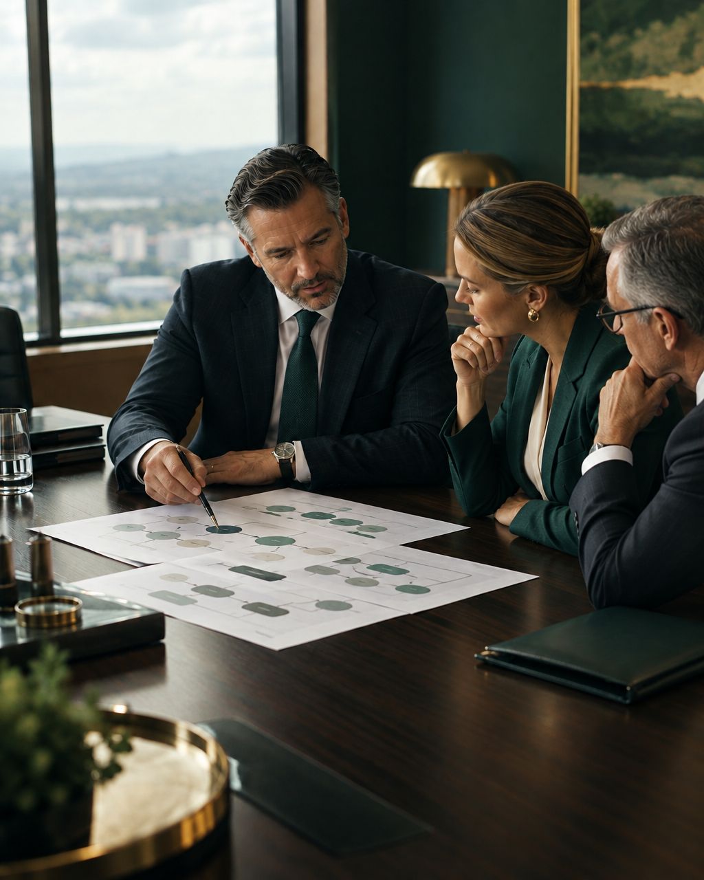Three executives reviewing an AI strategy workflow diagram at a conference table